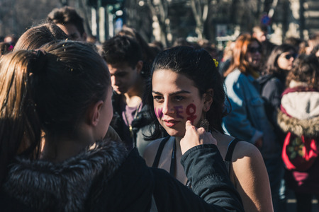 MILAN, ITALY - MARCH 8: Secondary school students take part in a march to celebrate the International Wome's Day on MARCH 8, 2018 in Milan.のeditorial素材