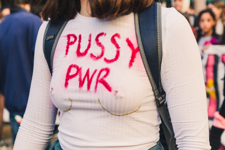 MILAN, ITALY - MARCH 8: Detail of a girl taking part in a march to celebrate the International Wome's Day on MARCH 8, 2018 in Milan.のeditorial素材