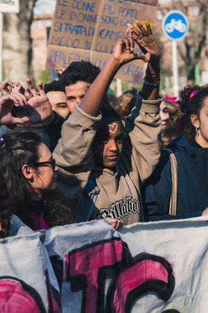 MILAN, ITALY - MARCH 8: Secondary school students take part in a march to celebrate the International Wome's Day on MARCH 8, 2018 in Milan.のeditorial素材