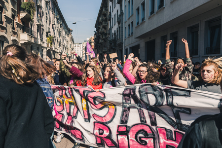 MILAN, ITALY - MARCH 8: Secondary school students take part in a march to celebrate the International Wome's Day on MARCH 8, 2018 in Milan.のeditorial素材