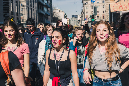 MILAN, ITALY - MARCH 8: Secondary school students take part in a march to celebrate the International Wome's Day on MARCH 8, 2018 in Milan.のeditorial素材