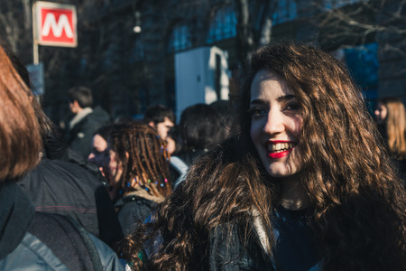 MILAN, ITALY - MARCH 8: Secondary school students take part in a march to celebrate the International Wome's Day on MARCH 8, 2018 in Milan.のeditorial素材