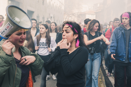 MILAN, ITALY - MARCH 8: Secondary school students take part in a march to celebrate the International Wome's Day on MARCH 8, 2018 in Milan.のeditorial素材