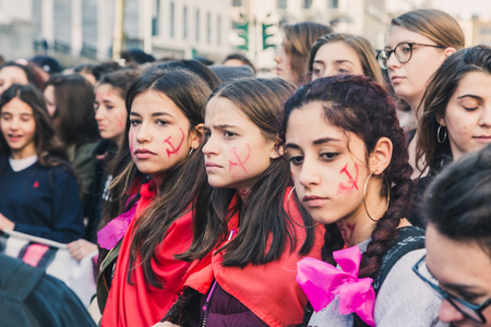 MILAN, ITALY - MARCH 8: Secondary school students take part in a march to celebrate the International Wome's Day on MARCH 8, 2018 in Milan.のeditorial素材