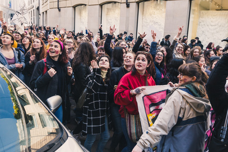 MILAN, ITALY - MARCH 8: Secondary school students take part in a march to celebrate the International Wome's Day on MARCH 8, 2018 in Milan.のeditorial素材