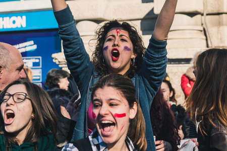 MILAN, ITALY - MARCH 8: Secondary school students take part in a march to celebrate the International Wome's Day on MARCH 8, 2018 in Milan.のeditorial素材