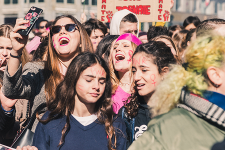 MILAN, ITALY - MARCH 8: Secondary school students take part in a march to celebrate the International Wome's Day on MARCH 8, 2018 in Milan.のeditorial素材