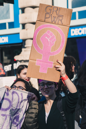 MILAN, ITALY - MARCH 8: Secondary school students take part in a march to celebrate the International Wome's Day on MARCH 8, 2018 in Milan.のeditorial素材