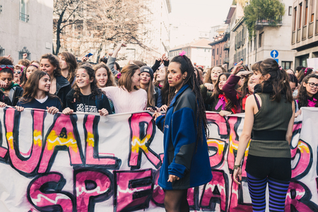 MILAN, ITALY - MARCH 8: Secondary school students take part in a march to celebrate the International Wome's Day on MARCH 8, 2018 in Milan.のeditorial素材