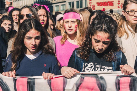 MILAN, ITALY - MARCH 8: Secondary school students take part in a march to celebrate the International Wome's Day on MARCH 8, 2018 in Milan.のeditorial素材