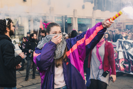 MILAN, ITALY - MARCH 8: Secondary school students take part in a march to celebrate the International Wome's Day on MARCH 8, 2018 in Milan.のeditorial素材