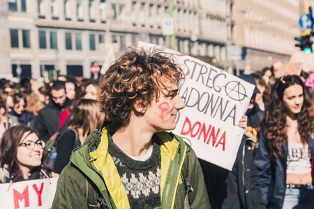 MILAN, ITALY - MARCH 8: Secondary school students take part in a march to celebrate the International Wome's Day on MARCH 8, 2018 in Milan.のeditorial素材