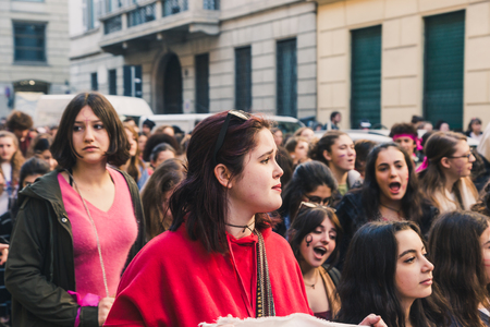 MILAN, ITALY - MARCH 8: Secondary school students take part in a march to celebrate the International Wome's Day on MARCH 8, 2018 in Milan.のeditorial素材