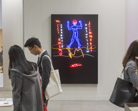 MILAN, ITALY - APRIL 13: People visit Miart, international exhibition of modern and contemporary art on APRIL 13, 2018 in Milan.のeditorial素材