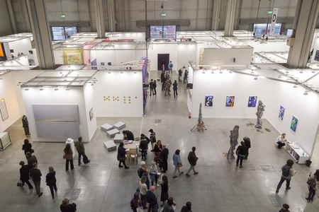 MILAN, ITALY - APRIL 13: Top view of people and booths at Miart, international exhibition of modern and contemporary art on APRIL 13, 2018 in Milan.のeditorial素材