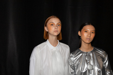 MILAN, ITALY - SEPTEMBER 19: Beautiful models pose in the backstage just before Alberto Zambelli show during Milan Women's Fashion Week on SEPTEMBER 19, 2018 in Milan.のeditorial素材