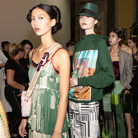 MILAN, ITALY - SEPTEMBER 23: Beautiful models pose in the backstage just before Francesca Liberatore show during Milan Women's Fashion Week on SEPTEMBER 23, 2018 in Milan.のeditorial素材