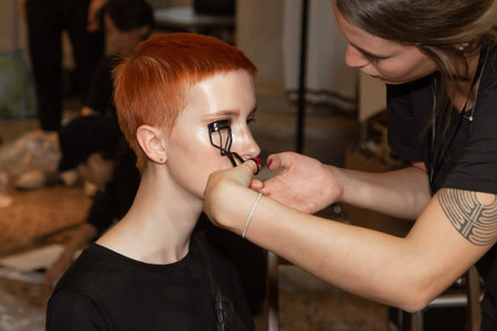 MILAN, ITALY - SEPTEMBER 23: Beautiful model at the make up just before Francesca Liberatore show...