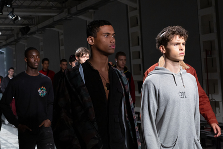 MILAN, ITALY - JANUARY 12: Models are seen at rehearsal just before Miguel Vieira show during Milan Men's Fashion Week on JANUARY 12, 2019 in Milan.のeditorial素材