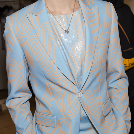 MILAN, ITALY - JANUARY 12: Beautiful model poses in the backstage just before Miguel Vieira show during Milan Men's Fashion Week on JANUARY 12, 2019 in Milan.のeditorial素材