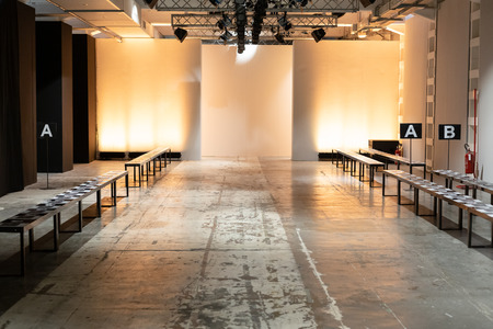 MILAN, ITALY - JANUARY 12: Empty runway just before Miguel Vieira show during Milan Men's Fashion Week on JANUARY 12, 2019 in Milan.のeditorial素材
