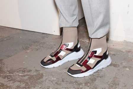 MILAN, ITALY - JANUARY 12: Detail of shoes in the backstage just before Miguel Vieira show during Milan Men's Fashion Week on JANUARY 12, 2019 in Milan.のeditorial素材