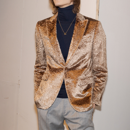 MILAN, ITALY - JANUARY 12: Beautiful model poses in the backstage just before Miguel Vieira show during Milan Men's Fashion Week on JANUARY 12, 2019 in Milan.のeditorial素材