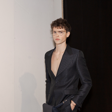MILAN, ITALY - JANUARY 12: Beautiful model poses in the backstage just before Miguel Vieira show during Milan Men's Fashion Week on JANUARY 12, 2019 in Milan.のeditorial素材