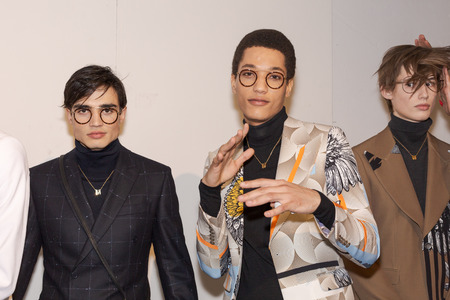 MILAN, ITALY - JANUARY 12: Beautiful models pose in the backstage just before Miguel Vieira show during Milan Men's Fashion Week on JANUARY 12, 2019 in Milan.のeditorial素材