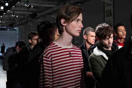 MILAN, ITALY - JANUARY 12: Models are seen at rehearsal just before Miguel Vieira show during Milan Men's Fashion Week on JANUARY 12, 2019 in Milan.のeditorial素材