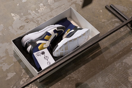 MILAN, ITALY - JANUARY 12: Detail of shoes in the backstage just before Miguel Vieira show during Milan Men's Fashion Week on JANUARY 12, 2019 in Milan.のeditorial素材