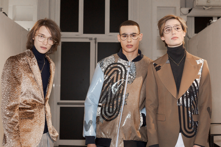 MILAN, ITALY - JANUARY 12: Beautiful models pose in the backstage just before Miguel Vieira show during Milan Men's Fashion Week on JANUARY 12, 2019 in Milan.のeditorial素材