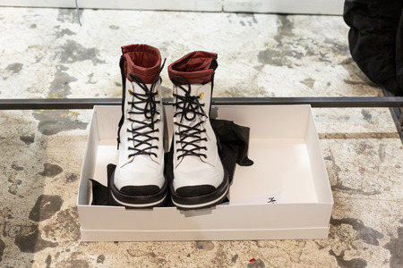MILAN, ITALY - JANUARY 12: Detail of shoes in the backstage just before Miguel Vieira show during Milan Men's Fashion Week on JANUARY 12, 2019 in Milan.のeditorial素材