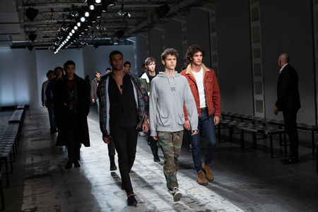 MILAN, ITALY - JANUARY 12: Models are seen at rehearsal just before Miguel Vieira show during Milan Men's Fashion Week on JANUARY 12, 2019 in Milan.のeditorial素材
