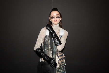 MILAN, ITALY - JANUARY 13: Beautiful model poses in the backstage just before Miaoran show during Milan Men's Fashion Week on JANUARY 13, 2019 in Milan.のeditorial素材