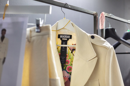 MILAN, ITALY - JANUARY 13: Detail of clothes in the backstage just before Miaoran show during Milan Men's Fashion Week on JANUARY 13, 2019 in Milan.のeditorial素材