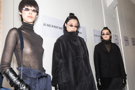 MILAN, ITALY - JANUARY 13: Beautiful models pose in the backstage just before Miaoran show during Milan Men's Fashion Week on JANUARY 13, 2019 in Milan.のeditorial素材