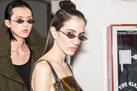 MILAN, ITALY - JANUARY 13: Beautiful models pose in the backstage just before Miaoran show during Milan Men's Fashion Week on JANUARY 13, 2019 in Milan.のeditorial素材