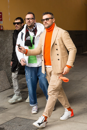 MILAN, ITALY - JANUARY 12: Fashionable people pose outside Magliano fashion show during Milan Men's Fashion Week on JANUARY 12, 2019 in Milan.のeditorial素材