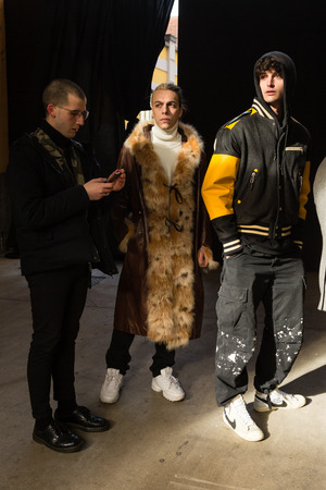 MILAN, ITALY - JANUARY 12: Fashionable people pose outside Magliano fashion show during Milan Men's Fashion Week on JANUARY 12, 2019 in Milan.のeditorial素材
