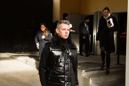 MILAN, ITALY - JANUARY 12: Fashionable man poses outside Magliano fashion show during Milan Men's Fashion Week on JANUARY 12, 2019 in Milan.のeditorial素材