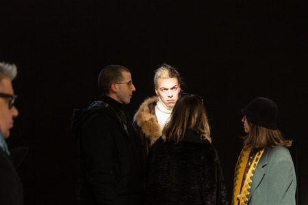 MILAN, ITALY - JANUARY 12: Fashionable woman poses outside Magliano fashion show during Milan Men's Fashion Week on JANUARY 12, 2019 in Milan.のeditorial素材