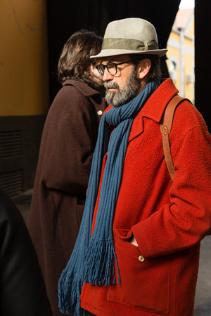 MILAN, ITALY - JANUARY 12: Fashionable man poses outside Magliano fashion show during Milan Men's Fashion Week on JANUARY 12, 2019 in Milan.のeditorial素材