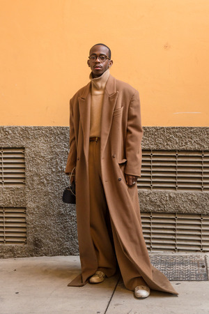 MILAN, ITALY - JANUARY 12: Fashionable man poses outside Magliano fashion show during Milan Men's Fashion Week on JANUARY 12, 2019 in Milan.のeditorial素材