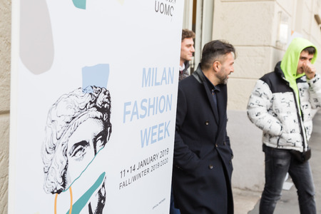 MILAN, ITALY - JANUARY 12: Fashionable people are seen outside Magliano fashion show during Milan Men's Fashion Week on JANUARY 12, 2019 in Milan.のeditorial素材