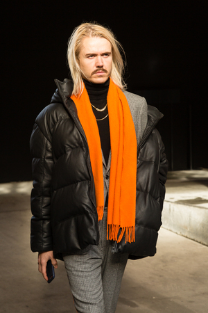 MILAN, ITALY - JANUARY 12: Fashionable man poses outside Magliano fashion show during Milan Men's Fashion Week on JANUARY 12, 2019 in Milan.のeditorial素材