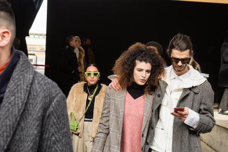 MILAN, ITALY - JANUARY 12: Fashionable people pose outside Magliano fashion show during Milan Men's Fashion Week on JANUARY 12, 2019 in Milan.のeditorial素材