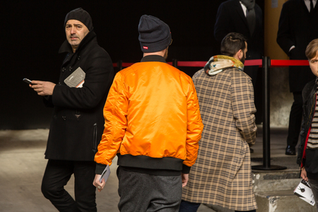MILAN, ITALY - JANUARY 12: Fashionable people pose outside Magliano fashion show during Milan Men's Fashion Week on JANUARY 12, 2019 in Milan.のeditorial素材