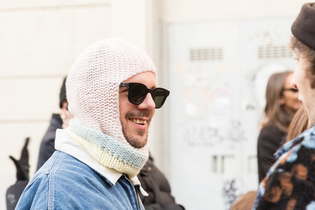 MILAN, ITALY - JANUARY 12: Fashionable man poses outside Magliano fashion show during Milan Men's Fashion Week on JANUARY 12, 2019 in Milan.のeditorial素材
