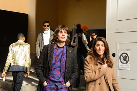 MILAN, ITALY - JANUARY 12: Fashionable people pose outside Magliano fashion show during Milan Men's Fashion Week on JANUARY 12, 2019 in Milan.のeditorial素材